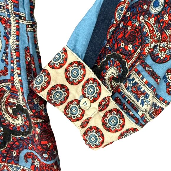 Farm Rio Blue Red White Paisley Collared Button Up Shirt Ruffle Mini Dress sz L - Picture 15 of 16